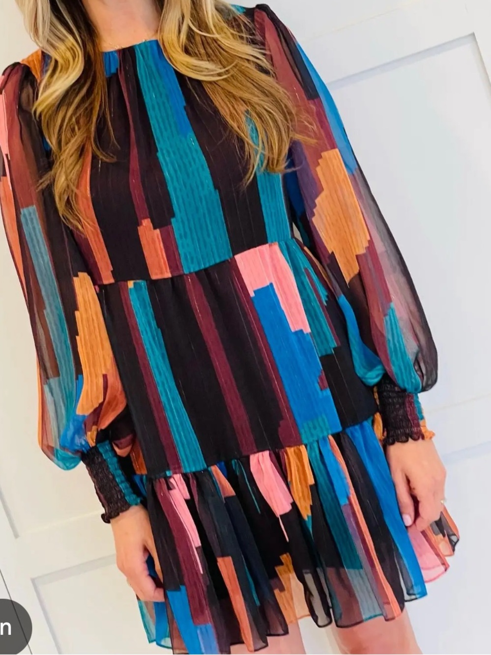 Willa Story Multicolor Brushstroke Stripe Long Sleeve Mini Dress Size Small